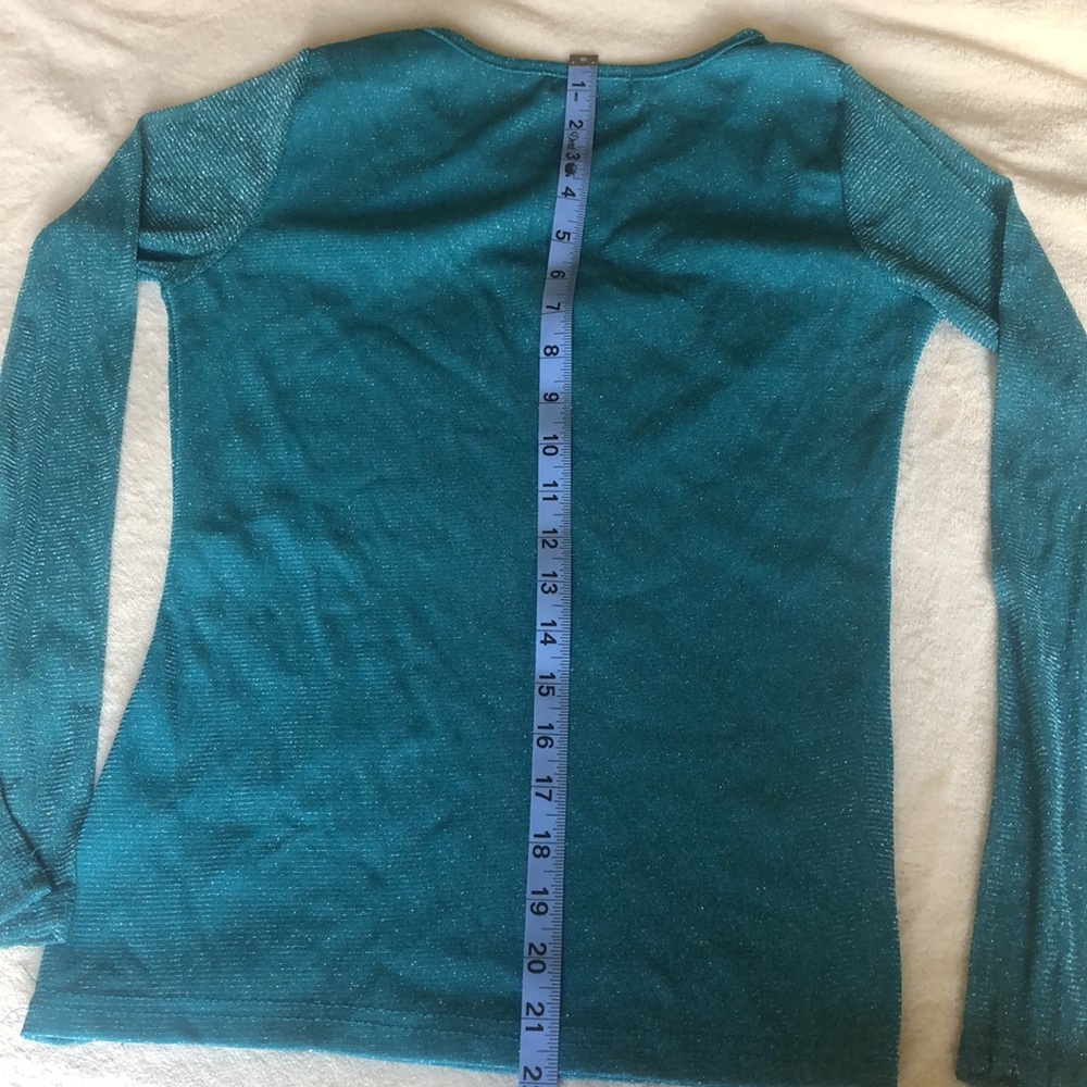 β¬οΈ % OFF Icecapades XS S SM Sheer Long sleeve sparkle Teal blouse dress shirt - Picture 6 of 8
